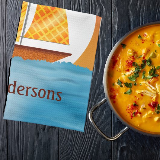 Geïllustreerde zeilboot op watermoonrise bij zonso theedoek