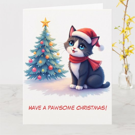 Geïllustreerde zwart-witte kat en kerstboom kaart (Gele Bloem)