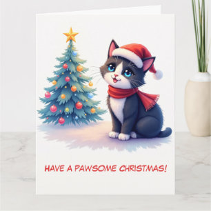Geïllustreerde zwart-witte kat en kerstboom kaart