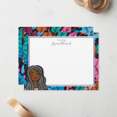 Geïllustreerde zwarte dame met grijs haar notitiekaartje (Voorkant / Achterkant in situ)