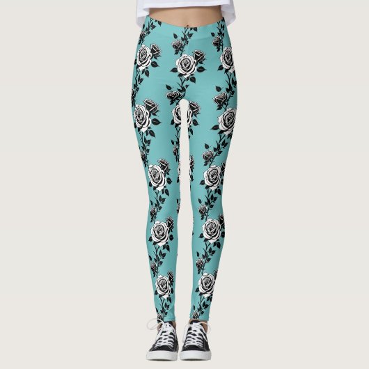 Geïllustreerde zwarte en witte rozen leggings (Voorkant)