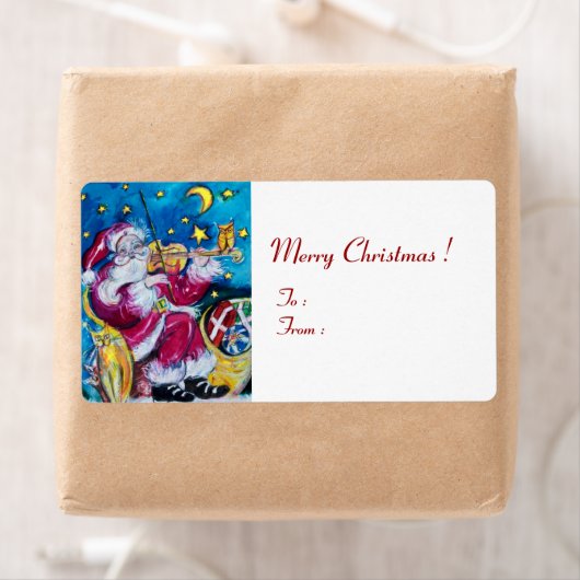 GEÏNSPIRED SANTA PLAYING VIOLIN Kerstrood White Etiket (Insitu)