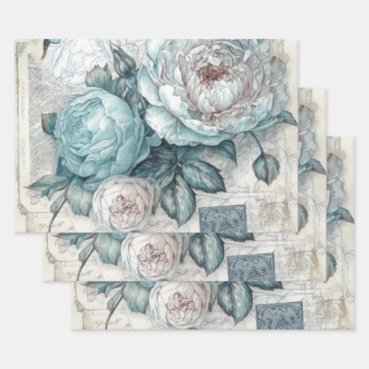 geïnspireerd blauw bloemen shabby chic inpakpapier vel (Set)