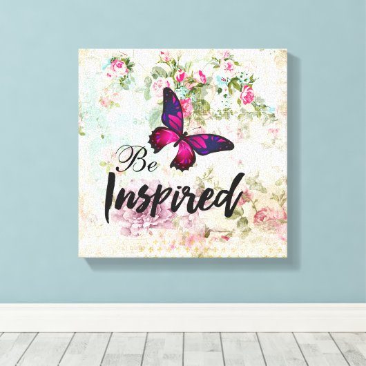 Geïnspireerd citaat & Roze Butterfly Shabby Collag Canvas Afdruk (Insitu (Houten vloer))