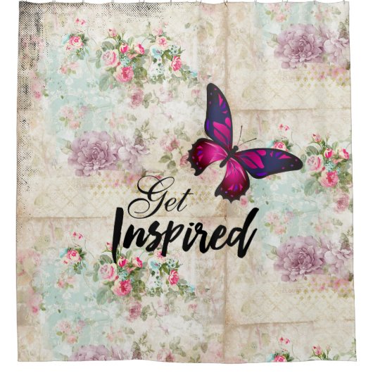 Geïnspireerd citaat & roze Butterfly Shabby Collag Douchegordijn (Voorkant)