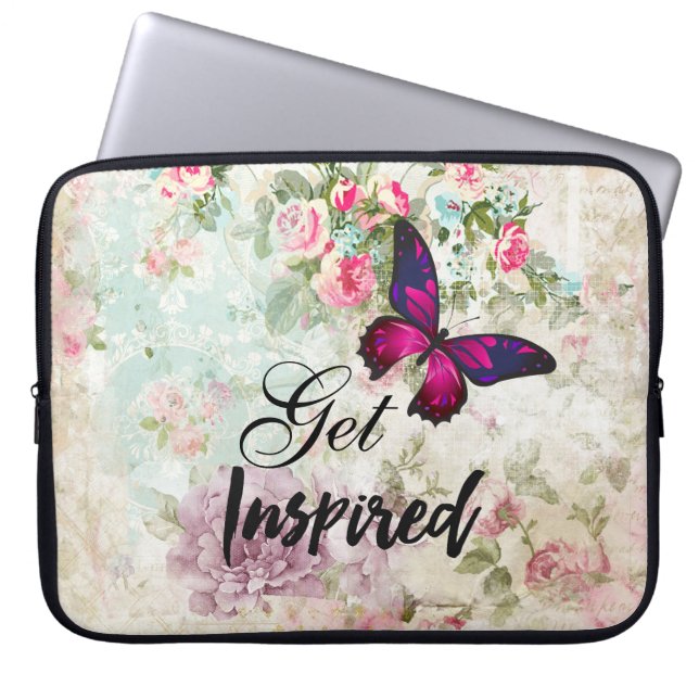 Geïnspireerd citaat & roze Butterfly Shabby Collag Laptop Sleeve (Voorkant)