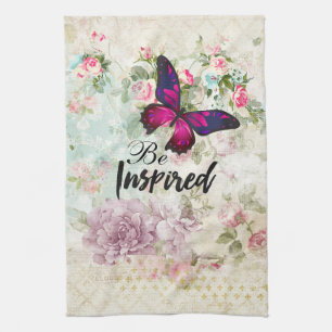 Geïnspireerd citaat & Roze Butterfly Shabby Collag Theedoek