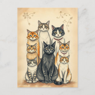 -geïnspireerd familieportret van een kat briefkaart