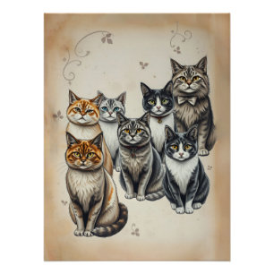 -geïnspireerd familieportret van een kat perfect poster