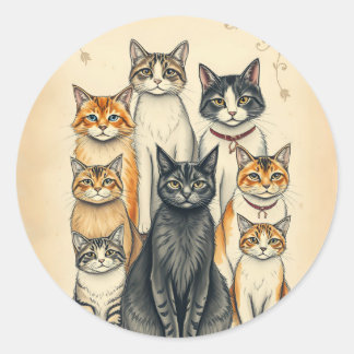 -geïnspireerd familieportret van een kat ronde sticker