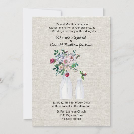 geïnspireerd linnen en melkflessen bruiloft kaart (Voorkant)