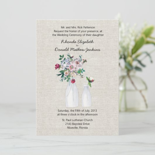 geïnspireerd linnen en melkflessen bruiloft kaart (Staand voorkant)