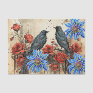 geïnspireerde Blauwe Bloemen Rode Rozen Ravens Tissuepapier
