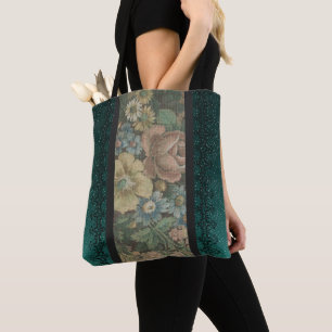geïnspireerde bloemenburlap en donker Blauwgroen Tote Bag