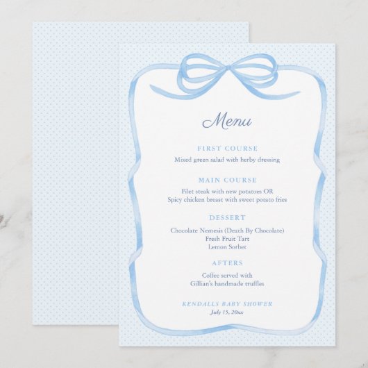  geïnspireerde Blue Bow Boy Baby shower Party Menu (Voorkant / Achterkant)