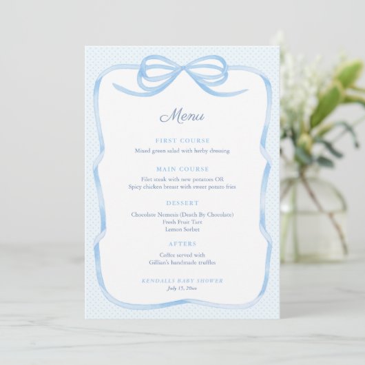  geïnspireerde Blue Bow Boy Baby shower Party Menu (Staand voorkant)