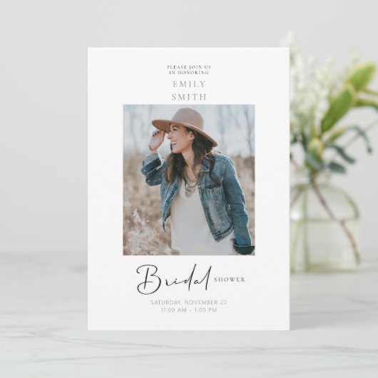 Geïnspireerde bruid foto bruids douche uitnodiging (Staand voorkant)