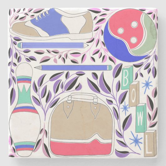  geïnspireerde Folk Art Bowling Pin en Bag Stenen Onderzetter (Voorkant)