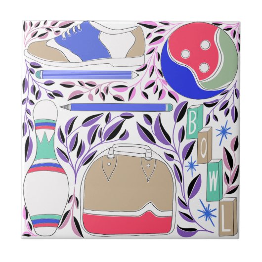 geïnspireerde Folk Art Bowling Pin en Bag Tegeltje (Voorkant)