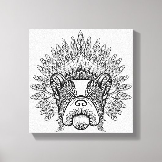 Geïnspireerde Franse Bulldog in War Bonnet 6 Canvas Afdruk (Voorkant)