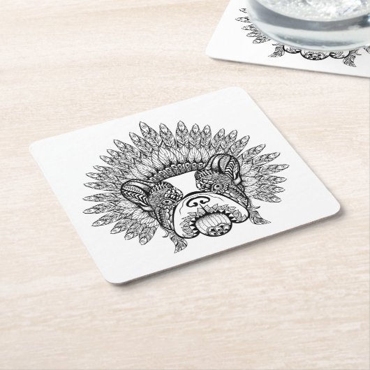 Geïnspireerde Franse hond in oorlogsbonnet Kartonnen Onderzetters (Schuin)