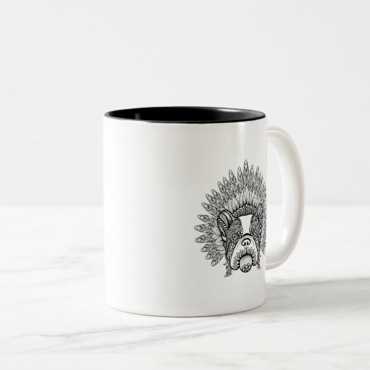 Geïnspireerde Franse hond in oorlogsbonnet Tweekleurige Koffiemok (Voorkant rechts)