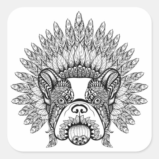 Geïnspireerde Franse hond in oorlogsbonnet Vierkante Sticker (Voorkant)