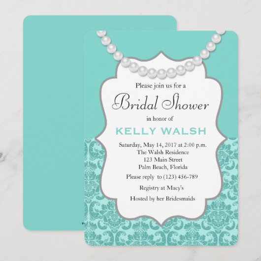 Geïnspireerde parels Aqua Blue Bridal Shower-uitno Kaart (Voorkant / Achterkant)