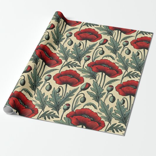 -geïnspireerde rode papaver cadeaupapier (Uitgerold)
