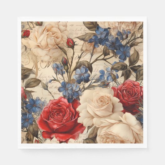  geïnspireerde rode roos en tuinbloemen servet (Voorkant)