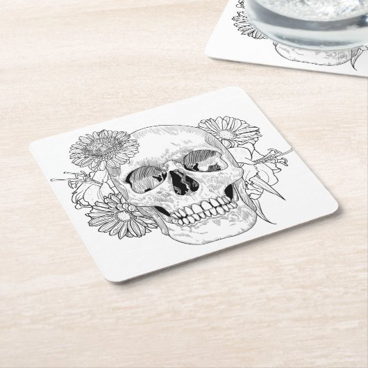 Geïnspireerde schedel en bloemen kartonnen onderzetters (Schuin)