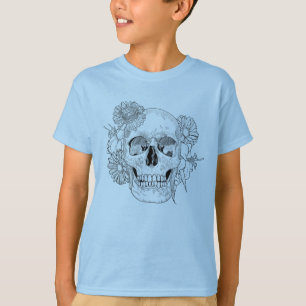 Geïnspireerde schedel en bloemen t-shirt