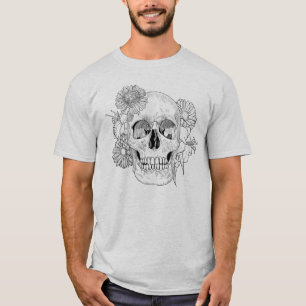 Geïnspireerde schedel en bloemen t-shirt