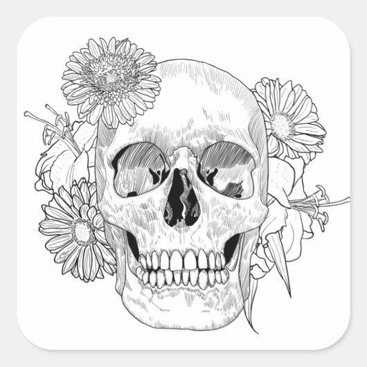 Geïnspireerde schedel en bloemen vierkante sticker (Voorkant)
