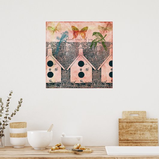 Geïnspireerde vogels met vogelhuizen poster (Keuken)