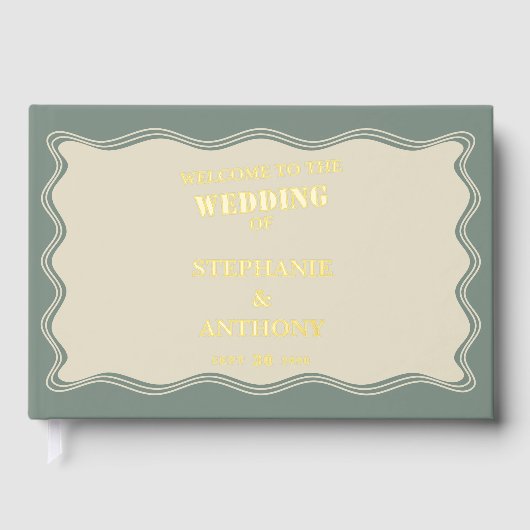  geïnspireerde Wavy Border op Sage Green Wedding Gastenboek (Voorkant)