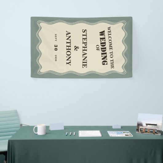  geïnspireerde Wavy Border op Sage Green Wedding Spandoek (Beurs)