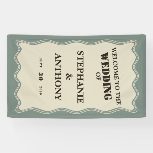  geïnspireerde Wavy Border op Sage Green Wedding Spandoek (Horizontaal)