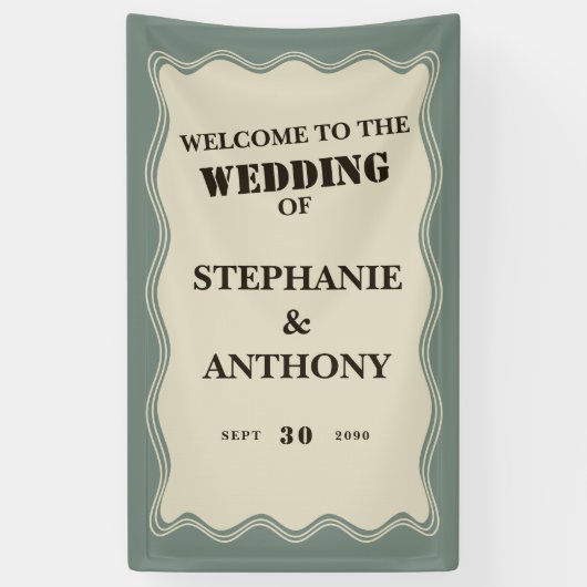  geïnspireerde Wavy Border op Sage Green Wedding Spandoek (Verticaal)