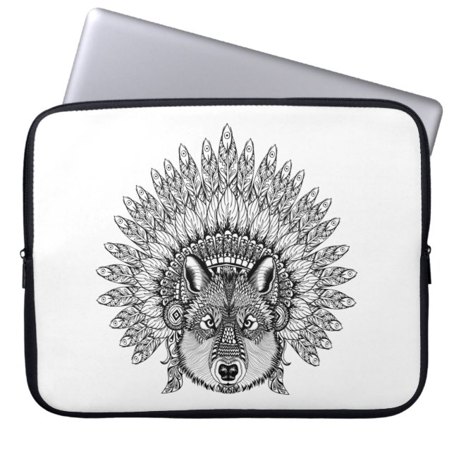 Geïnspireerde wolf in de vertederde oorlogsbonnet laptop sleeve (Voorkant)