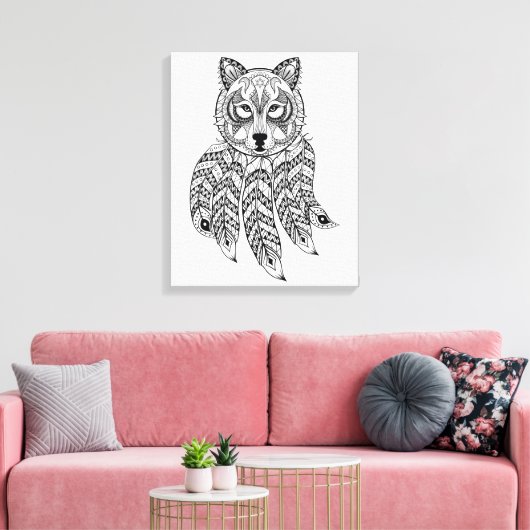 Geïnspireerde Wolf met Dreamcatcher 6 Canvas Afdruk (Insitu (Woonkamer))