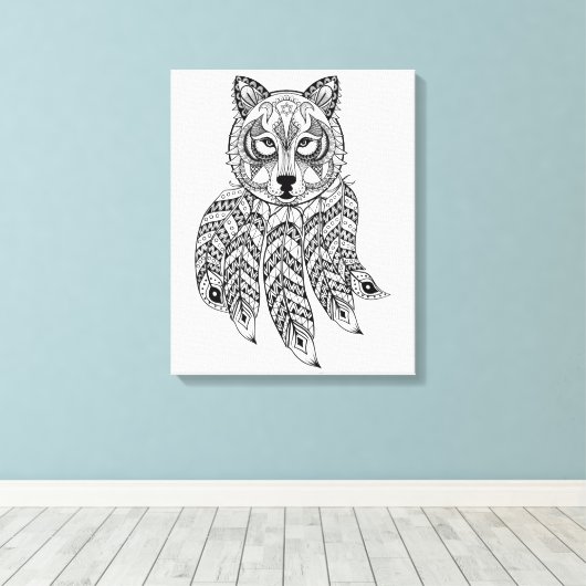 Geïnspireerde Wolf met Dreamcatcher 6 Canvas Afdruk (Insitu (Houten vloer))