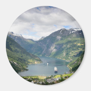 Geirangerfjord uitzicht in Noorwegen, ronde magnee Magneet