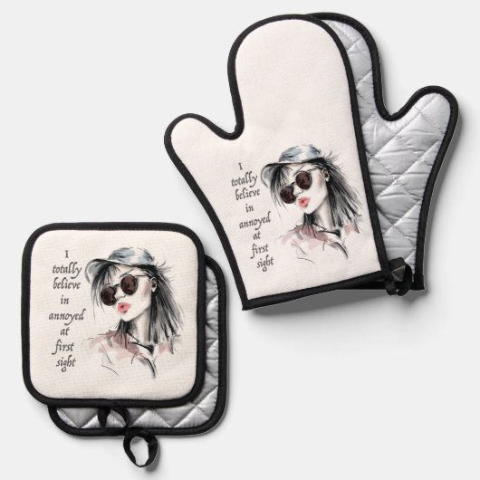 Geïrriteerd op het eerste gezicht ovenwant & pannenlap set (Voorkant / Achterkant)