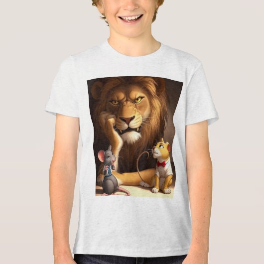 Geïrriteerde Leeuw met Curious Cub en Tiny Mouse – Tri-Blend Shirt (Voorkant)