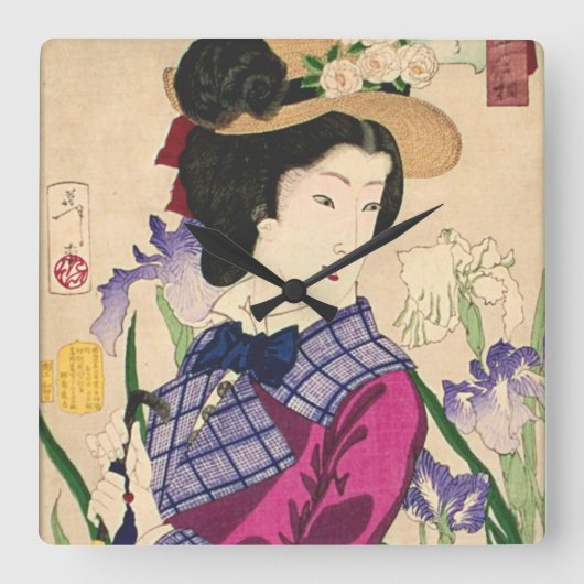 Geisha and Irises Japanese Woodblock Art Ukiyo-e Vierkante Klok (Voorkant)