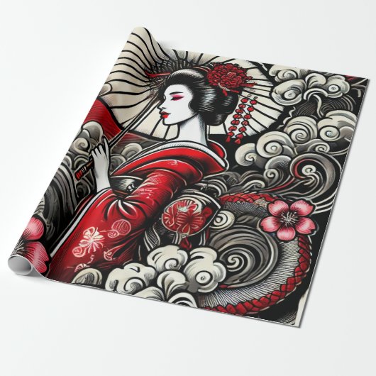 Geisha Art Wrapping Papier - Elegante Gift Wrap (Uitgerold)