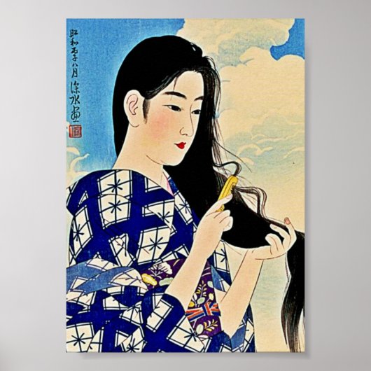Geisha Combing Hair Japans Woodblock Ukiyo-E Art Poster (Voorkant)