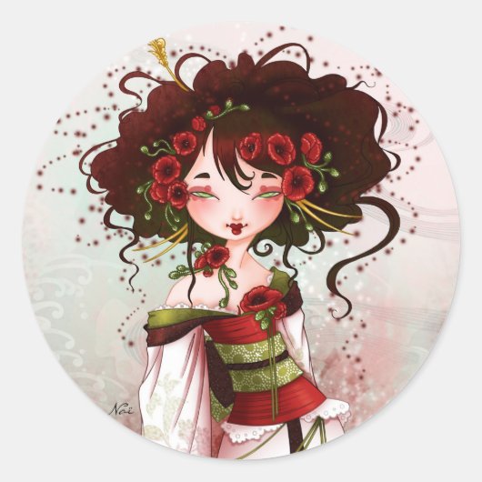 Geisha coquelicot ronde sticker (Voorkant)