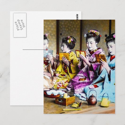 geisha die hun maaltijd controleert in Tea Japan Briefkaart (Voorkant / Achterkant)